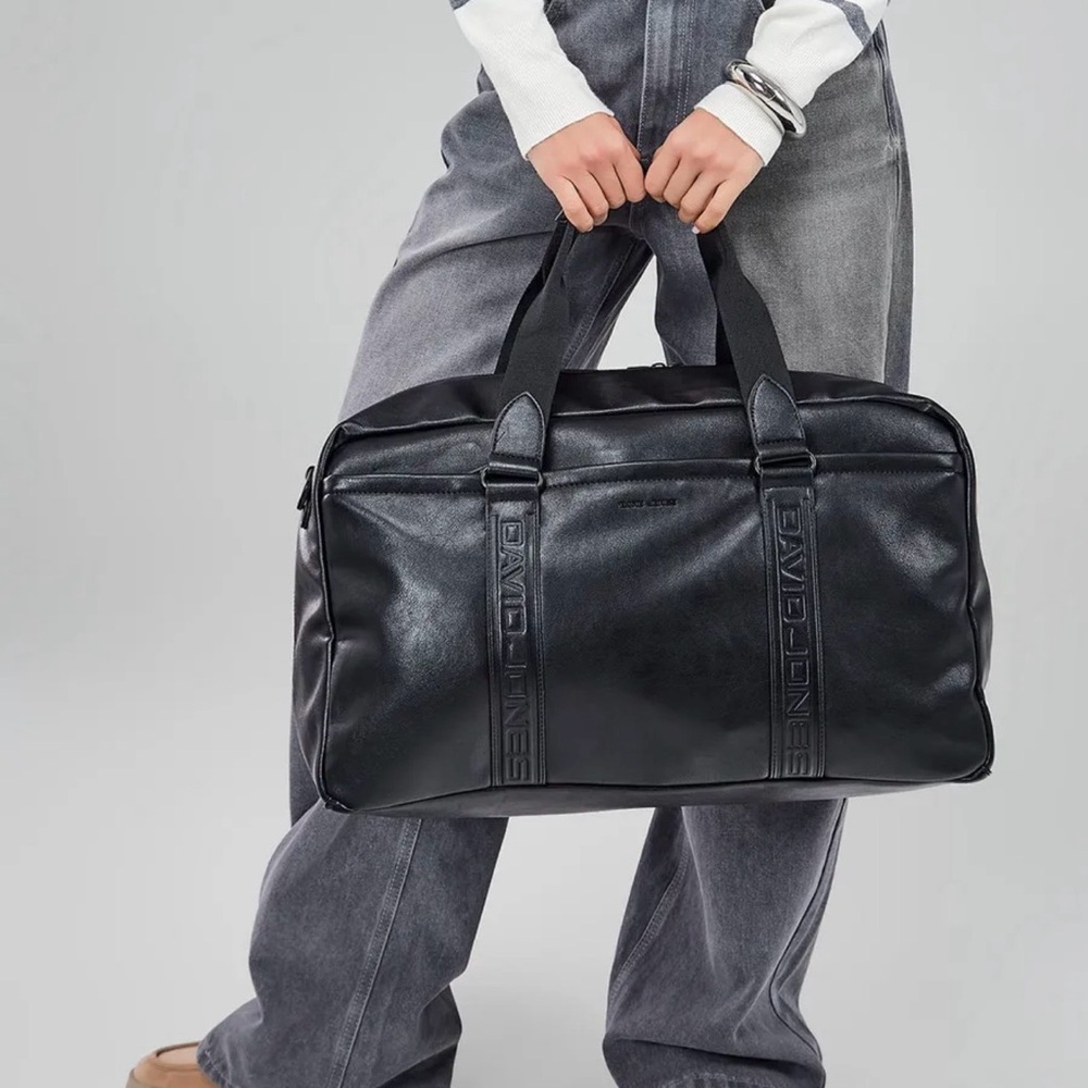 David Jones Black Leather Travel Duffle Bag Gym Weekender 20x11x9 in - Picture 2 of 12